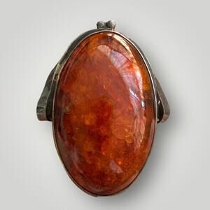 Vintage Baltic Amber Ring 925 Sterling Silver Large Oval Cabochon Size 7.5 -9.2g